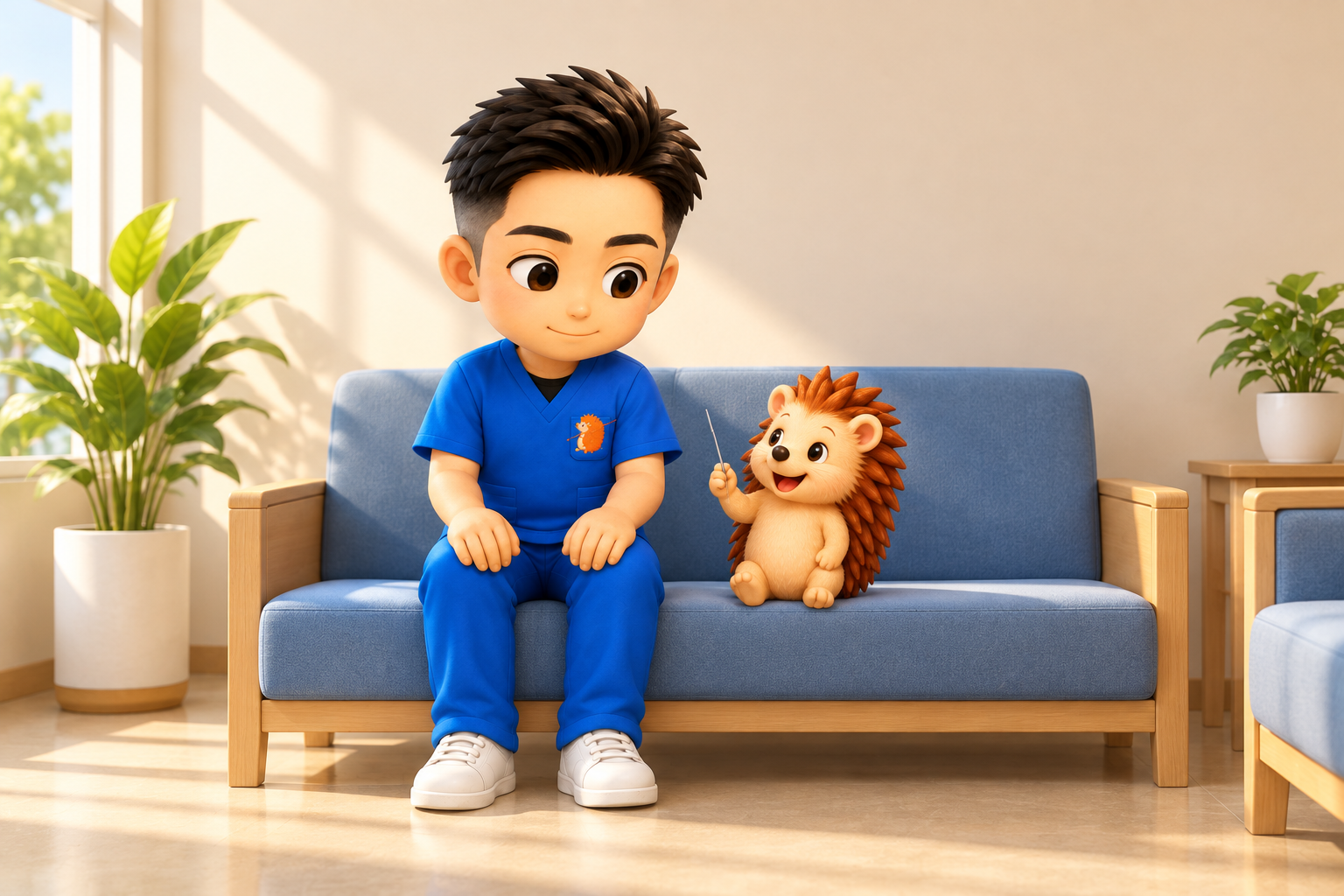 誰もいない待合室のソファで考え込む院長とハリーちゃん