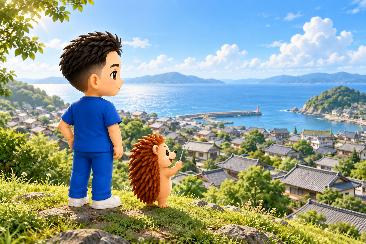 高台から海沿いの町を見下ろす院長とハリーちゃん
