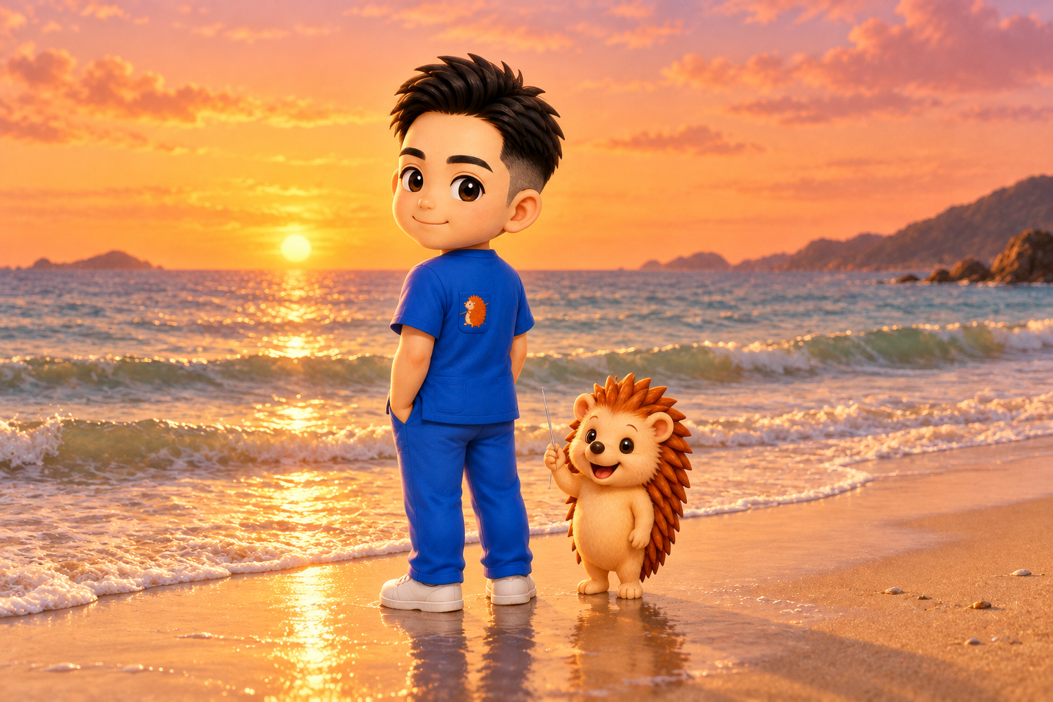 夕暮れの海辺に立つ院長とハリーちゃん