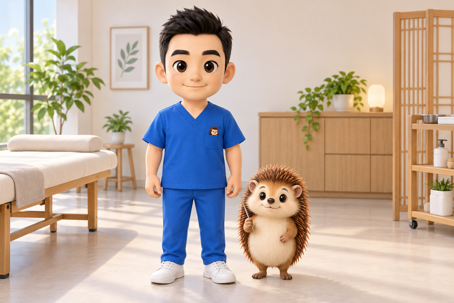 胸を張ってまっすぐ立つ院長とハリーちゃん