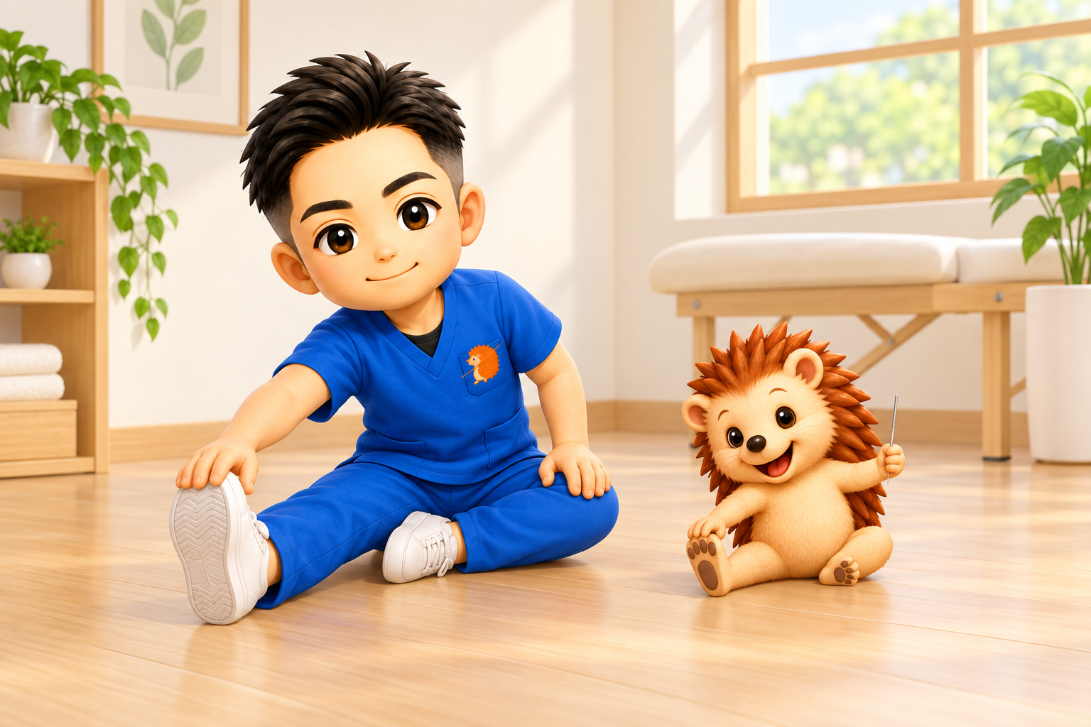 院の片隅でストレッチをする院長とハリーちゃん
