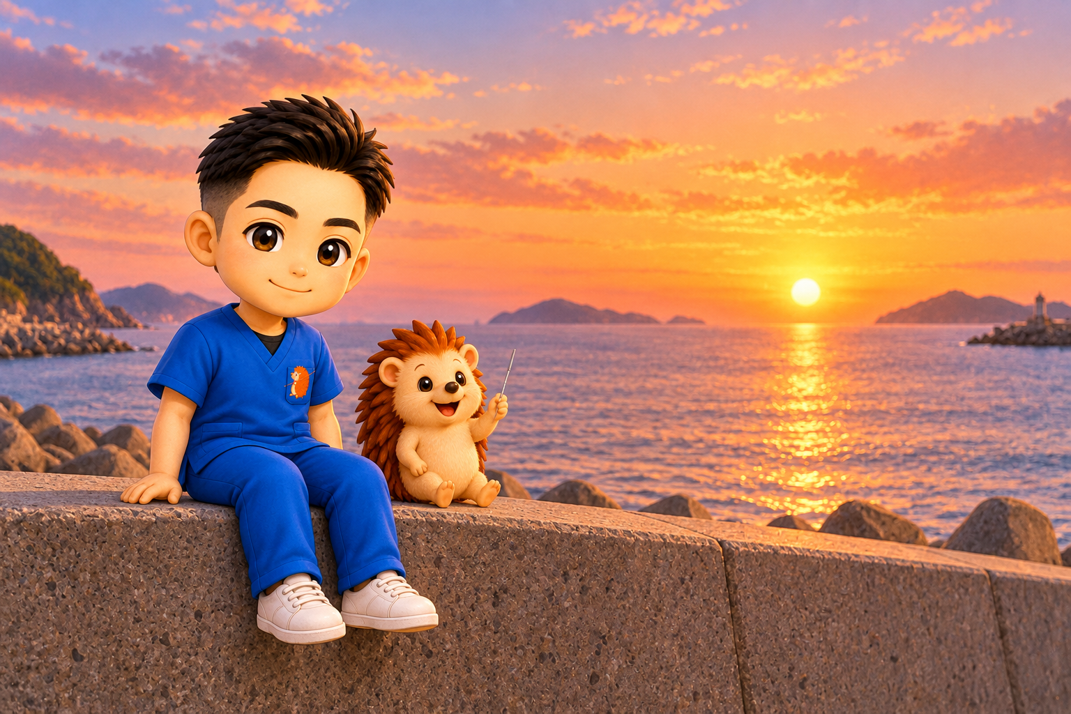 夕暮れの堤防に並んで腰かける院長とハリーちゃん