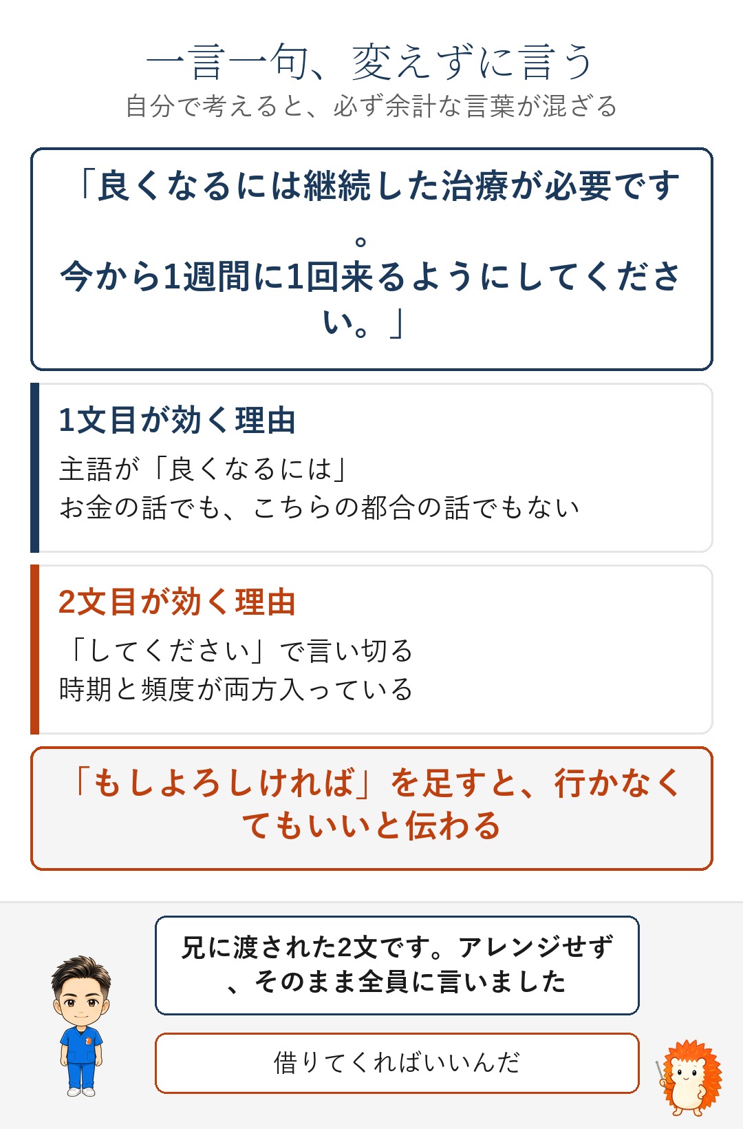 兄に渡された2文を分解した図。1文目は患者さんの目的から始まり、2文目は言い切る