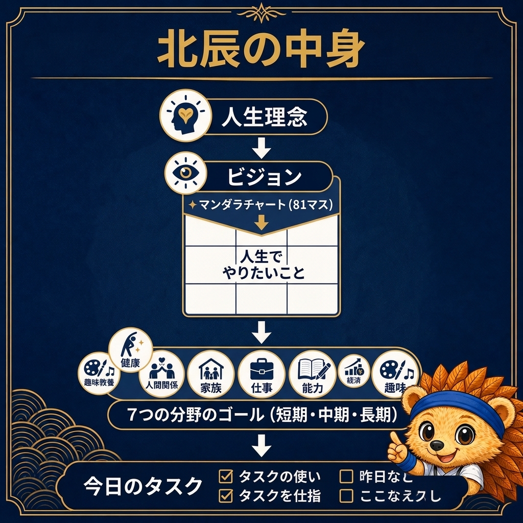 北辰の中身。人生理念→ビジョン→マンダラチャート→7つの分野のゴール→今日のタスク