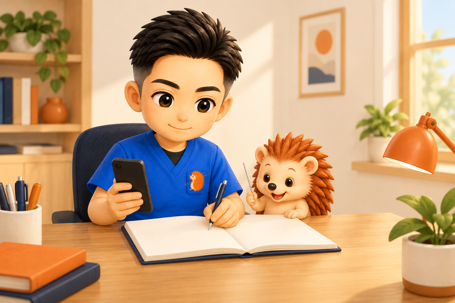 机でスマートフォンを片手にノートに書き込むちび院長と、机の端からのぞきこむハリーちゃん