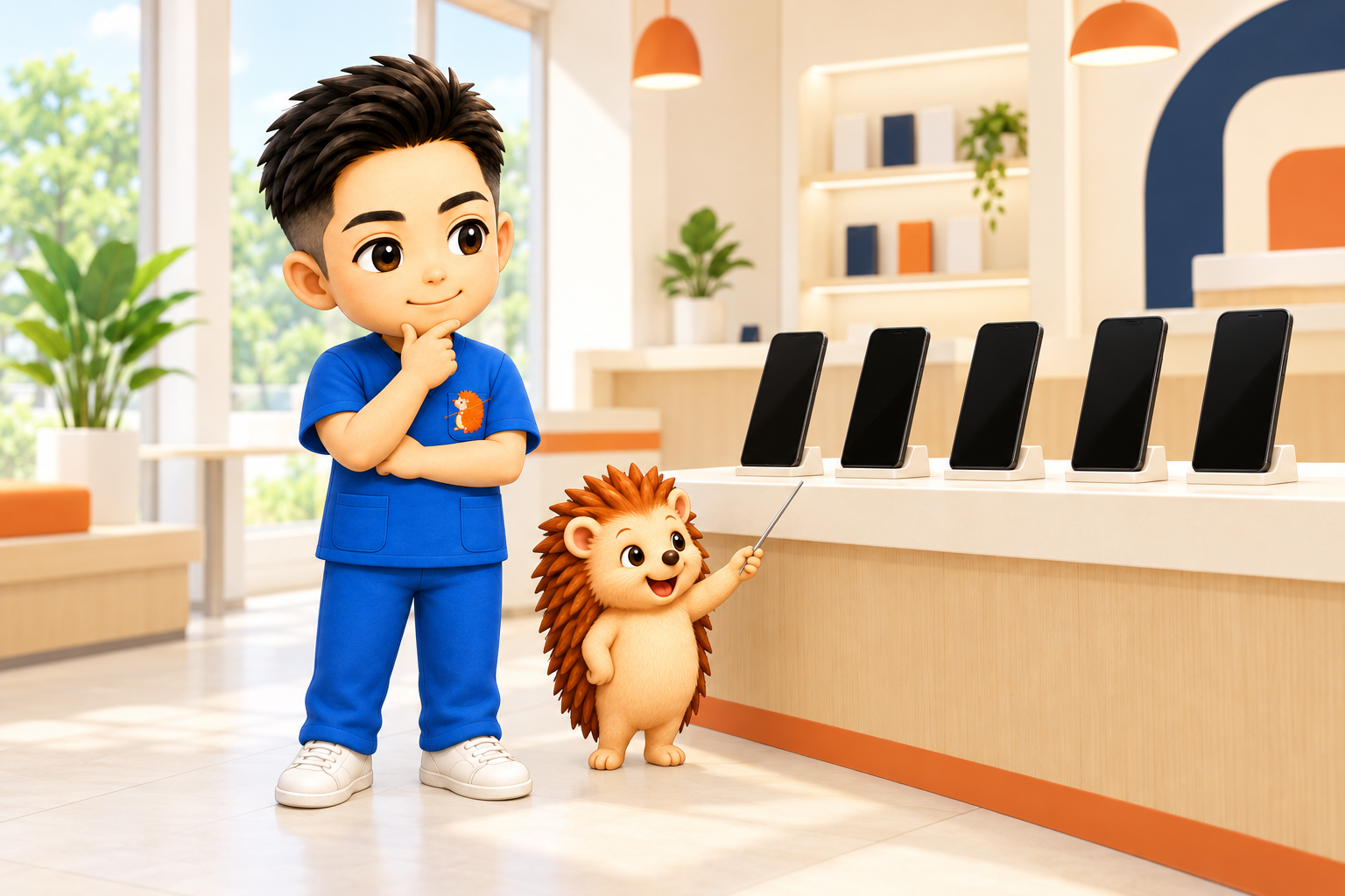 店頭の陳列台に並んだスマートフォンの前で首をかしげるちび院長と、1台を鍼で指すハリーちゃん