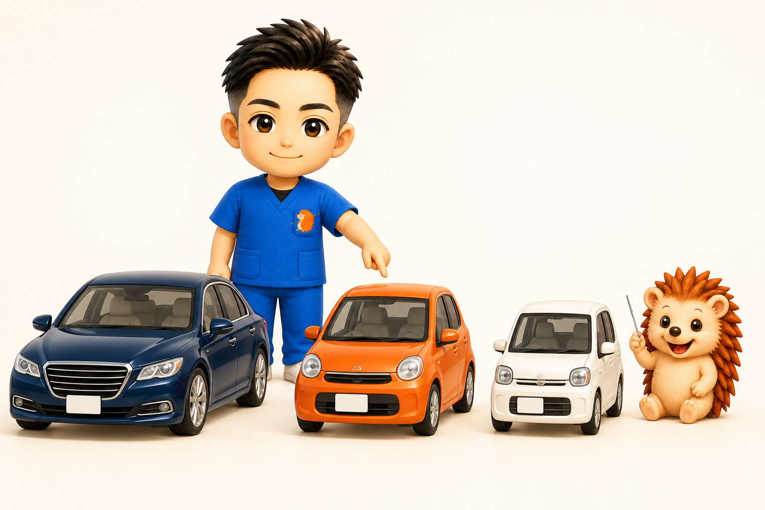 ネイビーの高級セダン・オレンジのコンパクトカー・白い軽自動車のおもちゃが並ぶ前で、コンパクトカーを指さすちび院長と軽自動車の横に座るハリーちゃん