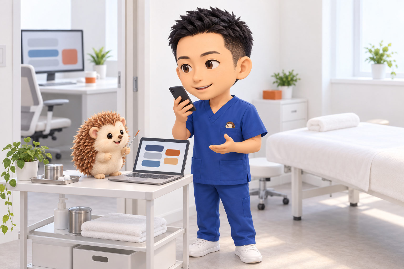明るい施術室。奥に誰もいない施術ベッド。手前でちび院長がスマホに短く指示を出し、サイドテーブルのノートパソコンでは画面のブロックが並び替わっている。ハリーちゃんが鍼を指し棒のように持っている